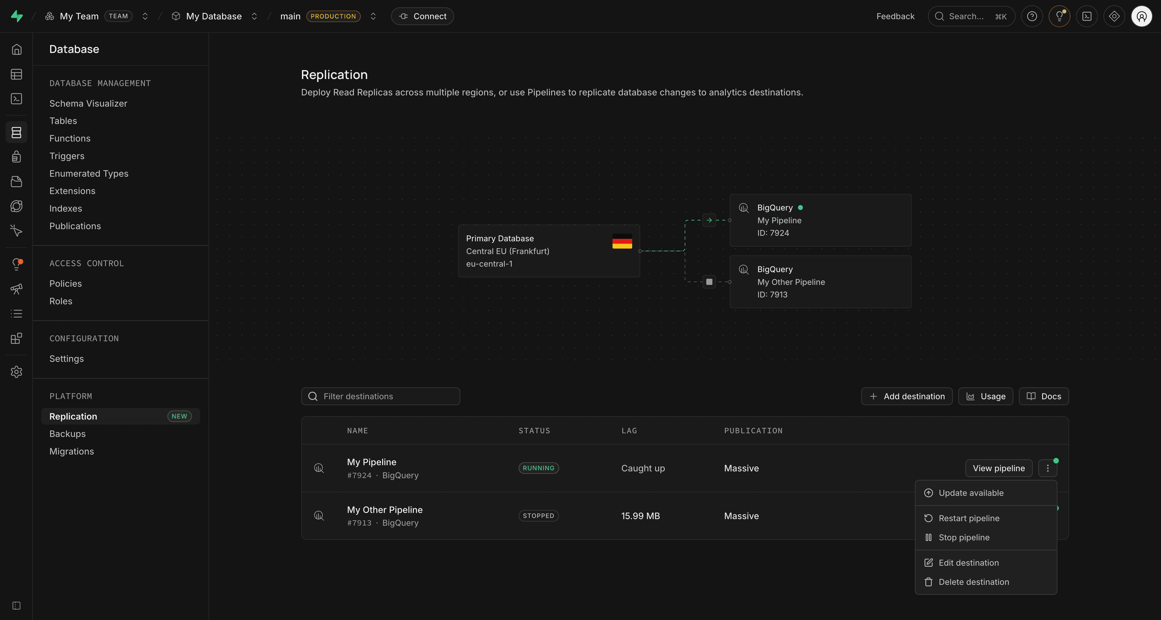 Destinations list with the actions menu open for a running BigQuery pipeline