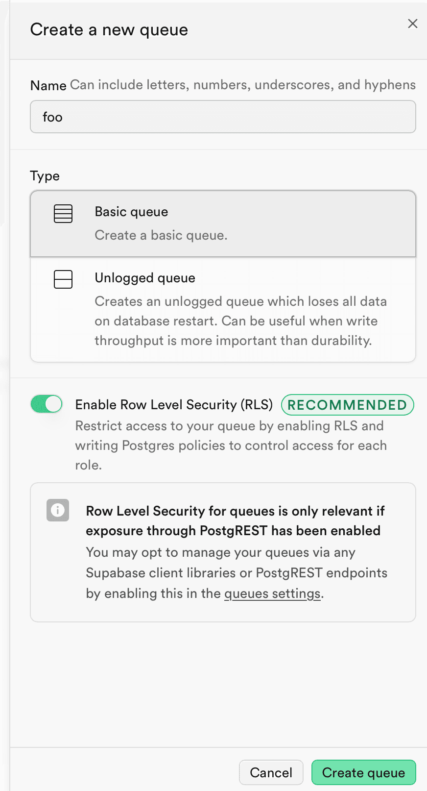 A screenshot showing the process to create a Queue from the Supabase Dashboard